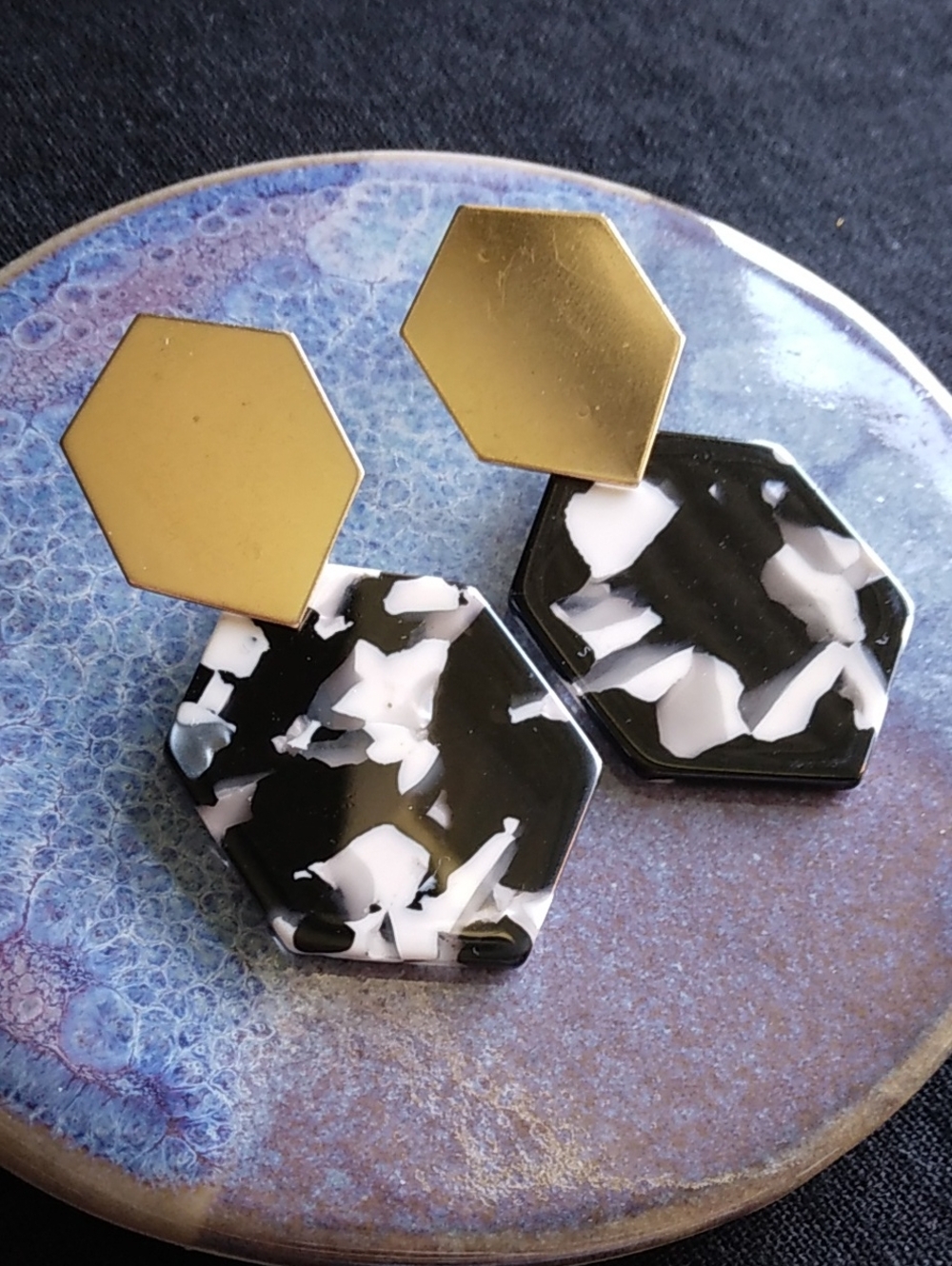 Black and White Mosaic Tortoise Shell Gold Hexagon Statement Earrings